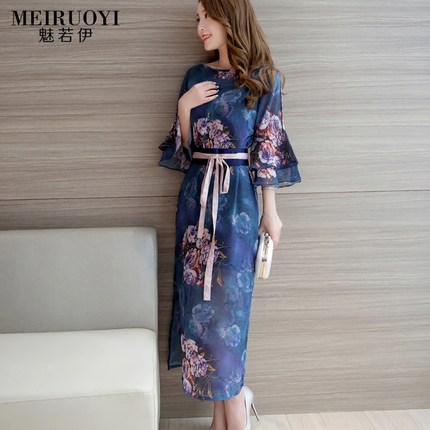 魅若伊雪纺连衣裙女2017春装新款韩版民族风荷叶袖印花旗袍式长裙