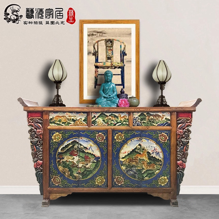新中式玄关柜仿古雕刻彩绘实木储物隔断装饰柜门厅柜客厅装饰柜