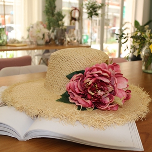 夏季大沿度假花朵平顶草帽防晒沙滩大檐帽子女拉菲草帽海边遮阳帽