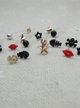 黑色圆珠子五角星骷髅鱼刺男女耳钉防过敏塑料针耳饰防敏针耳骨钉