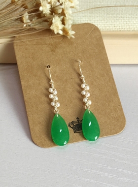 马来玉天然珍珠绿色水滴长耳坠耳环足银999纯银耳钩养耳防过敏女
