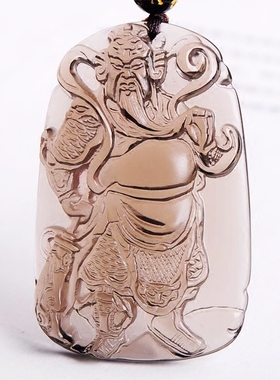 天然冰种黑曜石手持关公吊坠