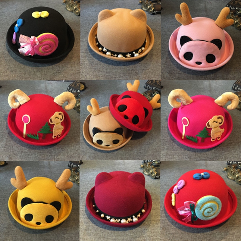 秋冬款儿童毛呢帽子宝宝帽婴儿帽潮卡通图案小孩礼帽男女童公主帽