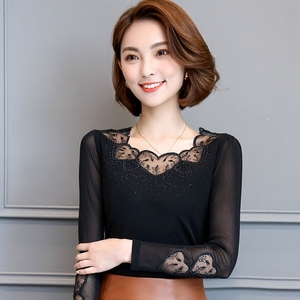 低领网纱打底衫春装新款长袖上衣修身纱衣蕾丝衫女百搭外穿秋衣潮