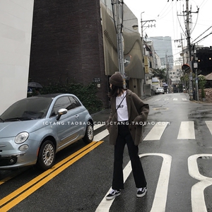 特价icyangstore外套女春秋长袖羊毛双排扣翻领宽松外套咖啡/杂