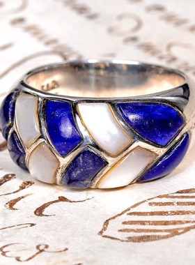 庭院天然青金石贝母925银戒指