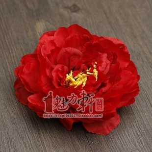 红色牡丹花绢花头饰古装造型发饰头花发夹儿童格格造型演出配饰