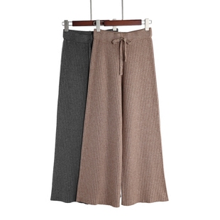 女纯色坑条纹显瘦宽松大脚裤 长裤 气质系带高腰针织阔腿裤 秋冬新品