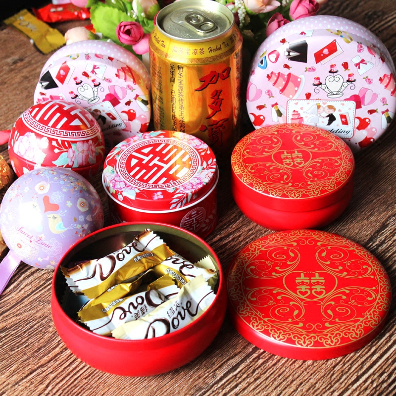 结婚马口铁喜糖盒创意圆形免折糖盒婚庆礼品婚礼圆形喜糖盒子铁盒