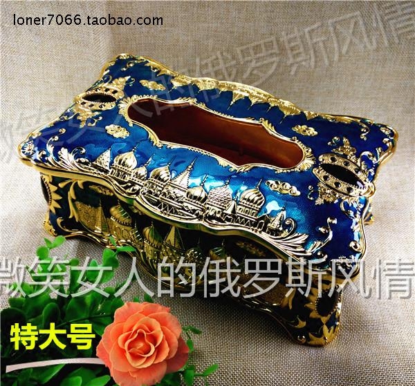 俄罗斯R4锡金属抽纸巾盒长方形向日葵角特大号金边藏蓝色城堡厚重