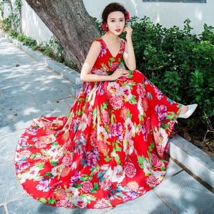 沙滩度假裙子复古V领长裙红色牡丹碎花雪纺大摆抽绳系带连衣裙女
