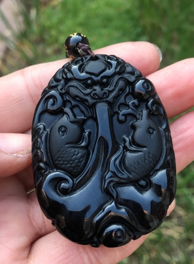 天然黑曜石双鱼吊坠小鱼钥匙扣男女款玉佩项链玉石挂件送证书