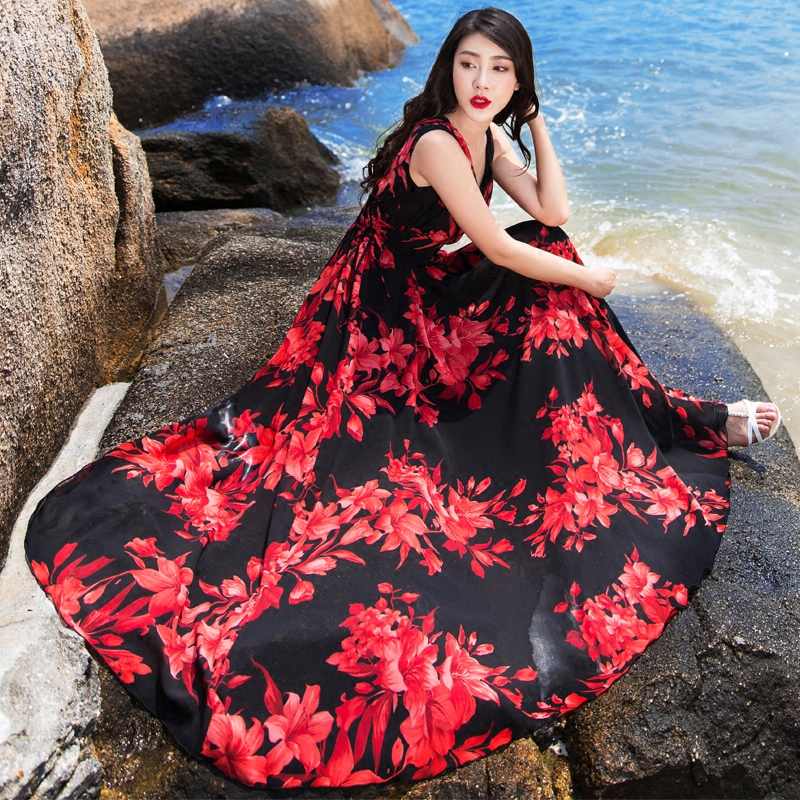 2025夏新款超长裙V领沙滩裙连衣裙花色海边度假裙碎花无袖大摆裙