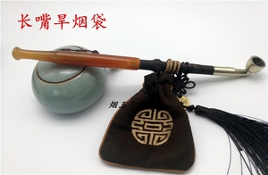 老式烟袋锅子 长烟嘴旱烟袋 长款玉石玛瑙纯铜锅节节木烟斗加长嘴
