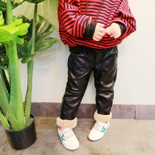 清仓不退换 男女童加厚加绒皮裤儿童休闲裤直筒裤子冬季新款童装