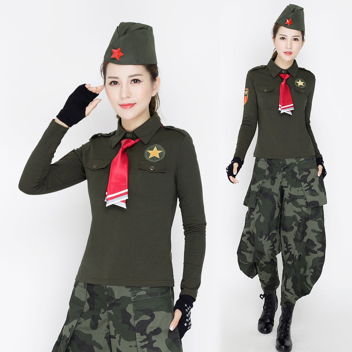 秋季水兵舞正品军绿长袖T恤女大码肩章户外休闲广场舞演出上衣棉