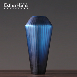 蓝色玻璃花瓶美式现代简约样板房创意，家居客厅花器装饰品摆件