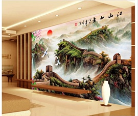 中式3d立体电视背景墙纸国画万里长城山水风景壁纸迎客松壁画墙布
