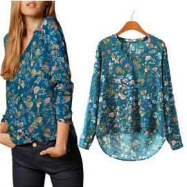 women summer blouse loose chiffon V-neck long T-shirt 女T恤