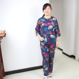 女士棉绸睡衣套装夏人造棉，妈妈家居服七分长袖，长裤绵绸中老年开襟