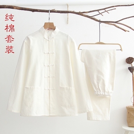 纯棉老粗布男士唐装睡衣汉服全棉纯白家居服套装春秋分体