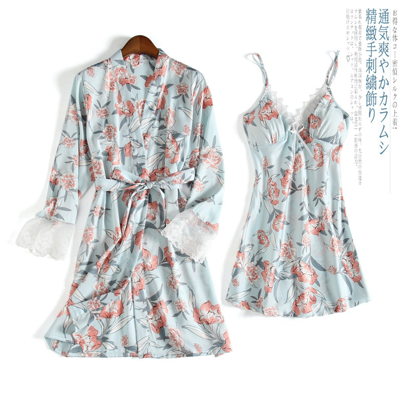 春季新款丝绸睡衣女士夏季吊带短裙长袖外袍两件套外出家居服