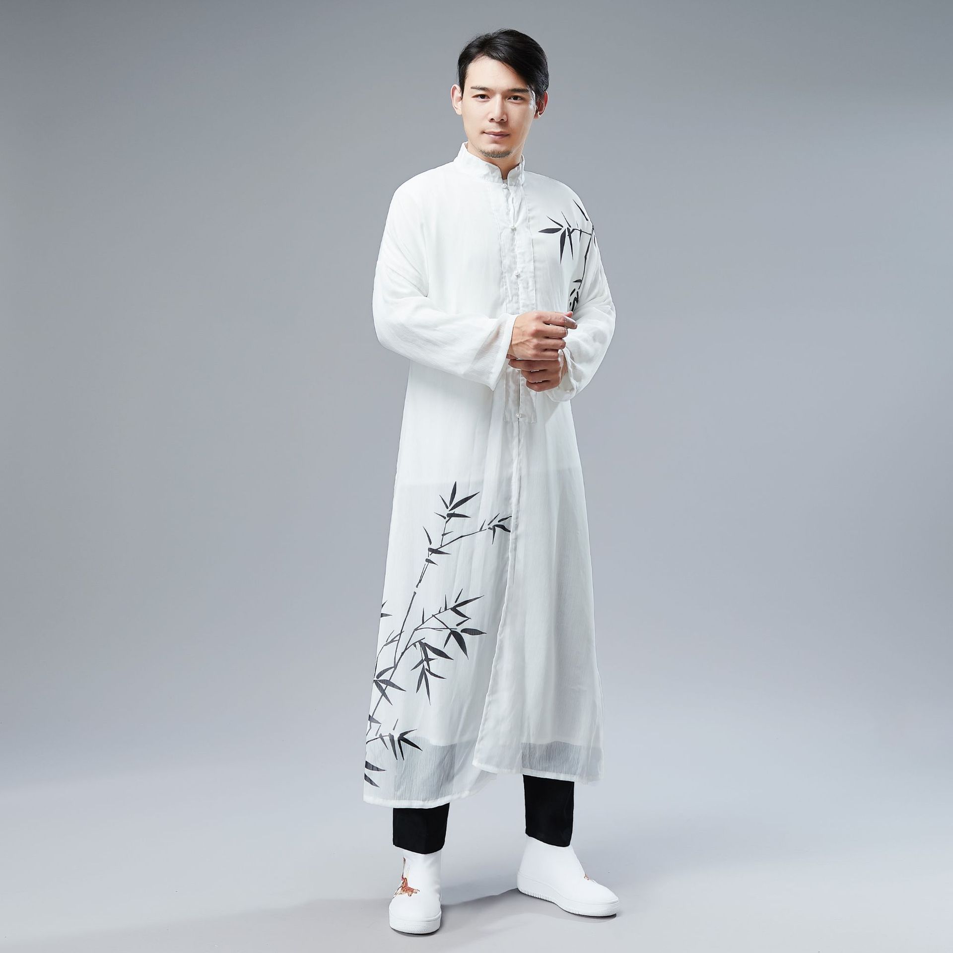 夏季汉服雪纺竹印修身防晒长衫男