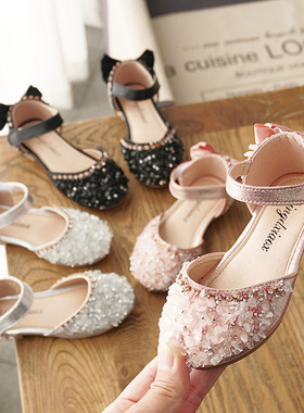 kids leather shoes girls wedding summer sandals sequins flat