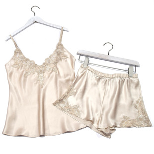 家居服3XL 两件套性感蕾丝大码 夏天真丝桑蚕丝睡衣女 吊带背心短裤