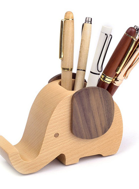 跨境多功能创意大象笔筒榉木摆件公桌面文具收纳手机支架爆款