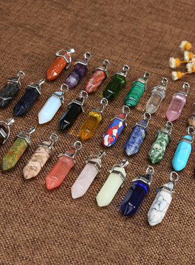 跨境热销天然石紫水晶粉水晶白水晶六角柱吊坠双尖子弹头项链