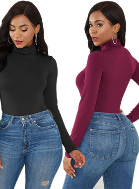 Women's Turtle Neck Long Sleeve Tops Bodysuit sexy Jumpsuit