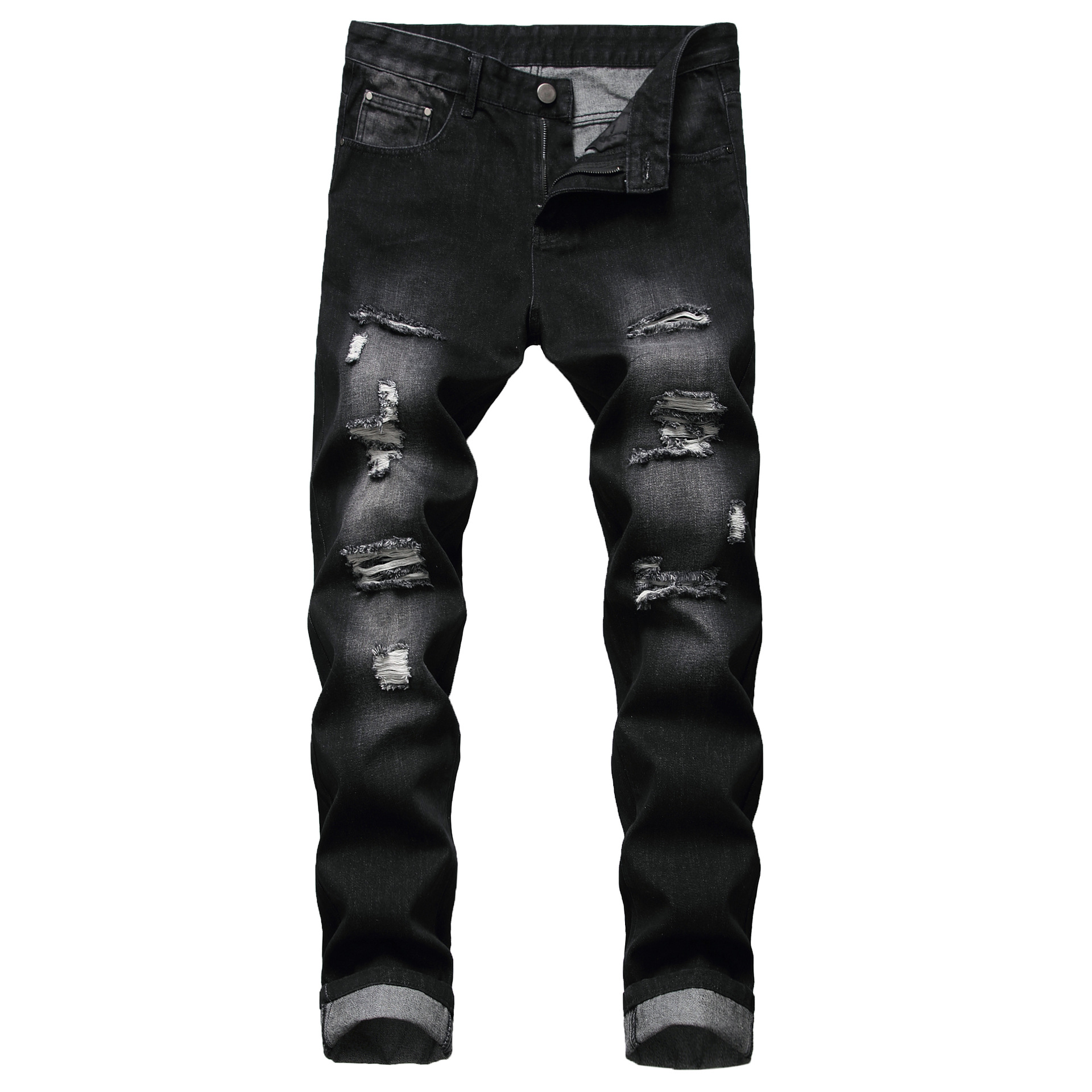 Cross-Border Men's Ripped Straight-Leg Slim-Fit Non-Stretch Je