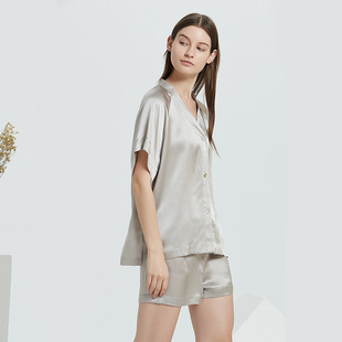 睡衣套装 新款 短裤 夏100%桑蚕丝舒适家居服V领短袖 女 真丝睡衣套装