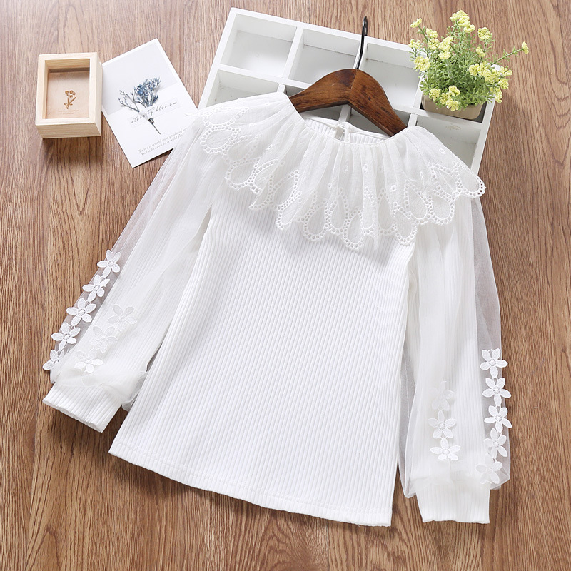 女童长袖T恤春秋儿童洋气公主弹力上衣5-10岁女孩时尚蕾丝打底衫