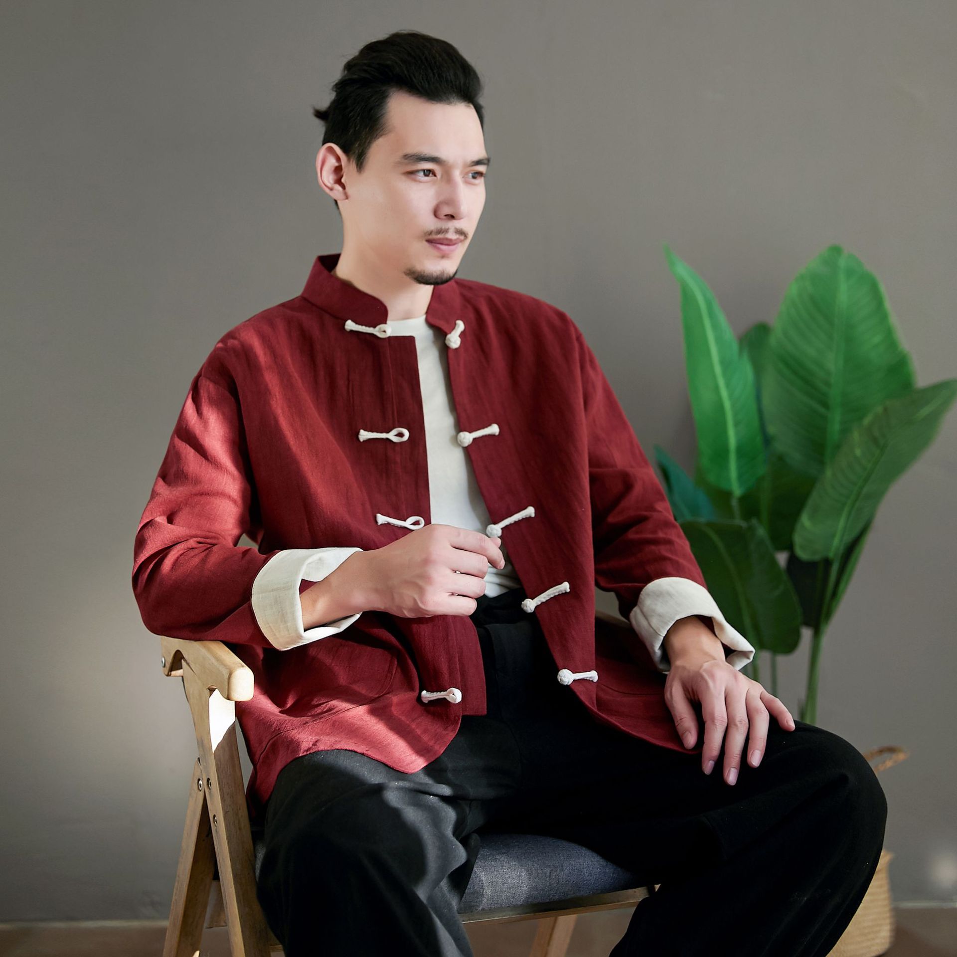 棉麻上衣青年唐装男装衬衫外套春