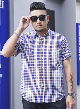 men's shirt all-match fat short sleeve 加肥大肚子男格子衬衫