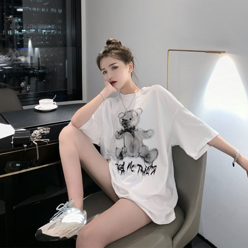 短袖白色宽松t恤女装ins网红同款中长款港风潮牌纯棉体恤377