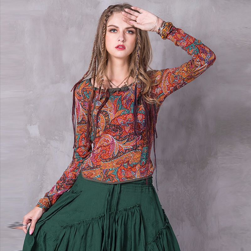 2026春秋印花长袖弹力t恤打底衫复古民族风盘扣小衫修身棉麻上衣