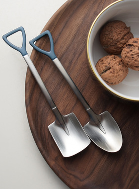 创意可爱铁楸咖啡勺 工兵铲儿童勺复古蓝色头304不锈钢勺子甜品勺