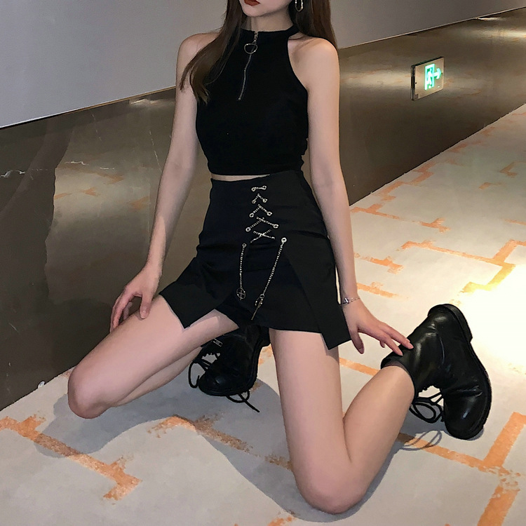 夏季港风工装性感腰半身裙女不规则设计开叉黑色短裙包臀裤裙女