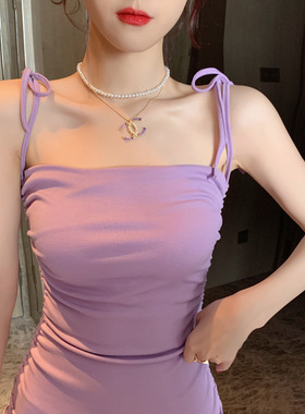 衣服女2025夏装新款韩版女装性感褶皱修身抹胸紫色吊带连衣裙3935
