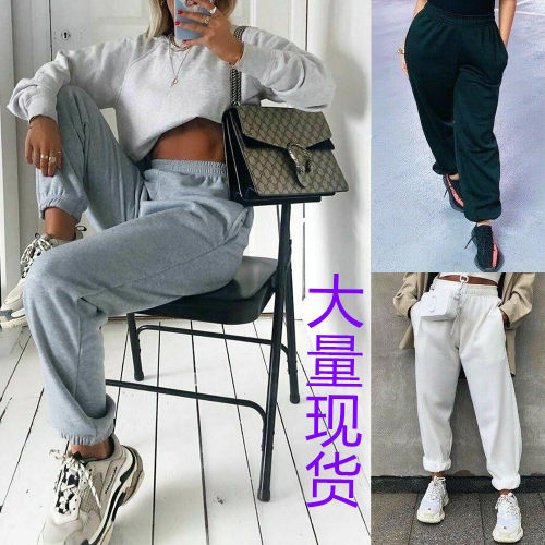 Simple solid color lace up ankle pants简约纯色系带松紧束脚裤