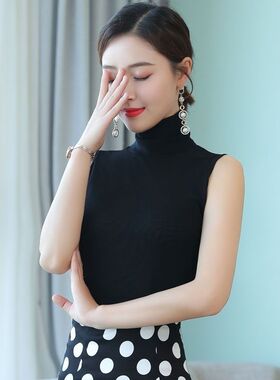 2020新款黑色领无袖吊带背心女外穿95棉打底衫内搭紧身上衣T恤