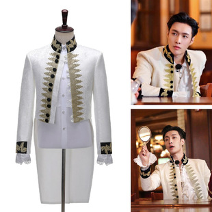 男士欧式宫廷风格话剧王子演出服白色刺绣镶金燕尾服上衣舞台男装