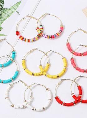 跨境热销波西米亚ins彩色软陶耳圈耳饰欧美 C形软陶耳环女earring