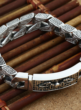 小众银饰男士S925纯银手链情侣泰银金刚杵万字六字真言宽版手环