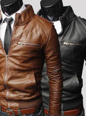 Men's Slim Fit PU Leather Jacket 新款男士皮衣外套修身皮夹克