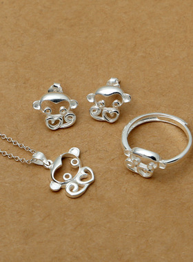 小众银饰S925纯银吊坠韩版女士精致创意吊坠耳钉戒指小猴三件套装