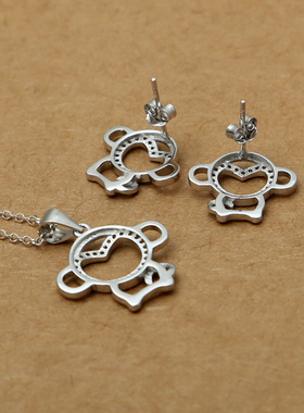 小众银饰S925纯银吊坠创意女士精致镶钻小猴简约吊坠耳钉三件套